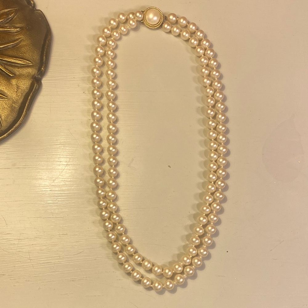 Classic Double Strand Cream Pearl Necklace with Gold Clasp